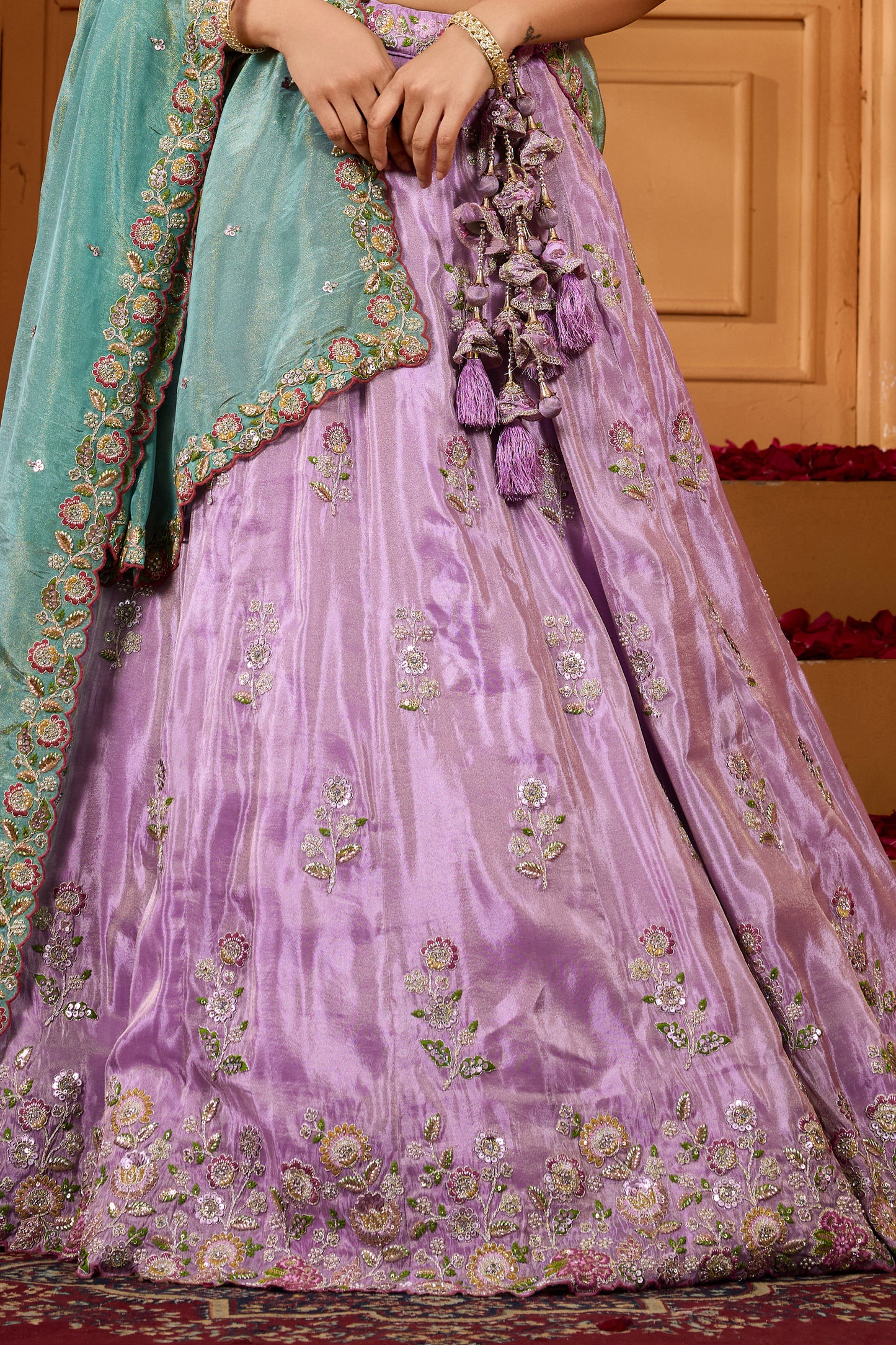 Lavender Semi-Stitched Embroidered Satin Silk Lehenga
