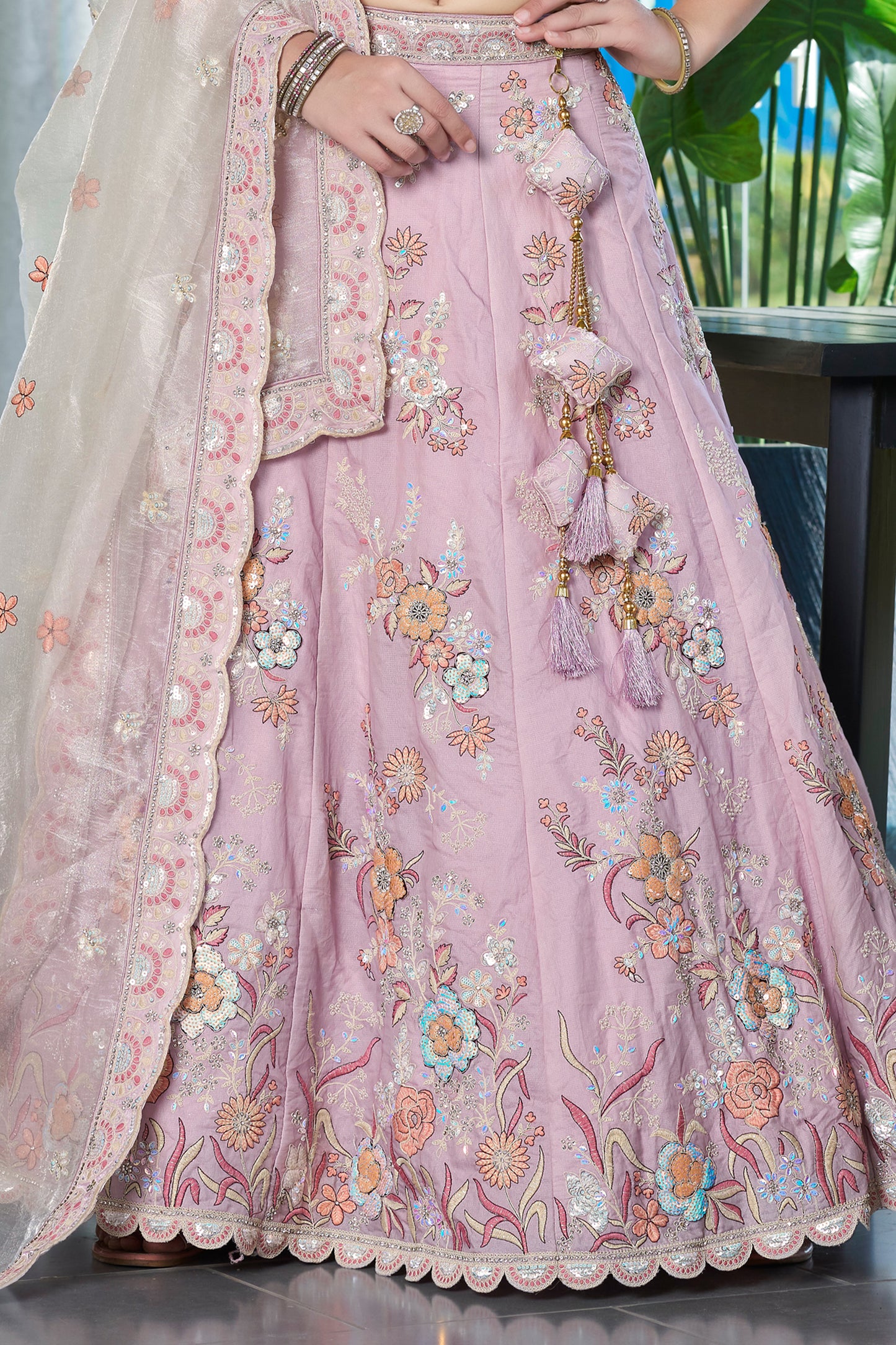 Lavender Semi-Stitched Embroidered Silk Lehenga