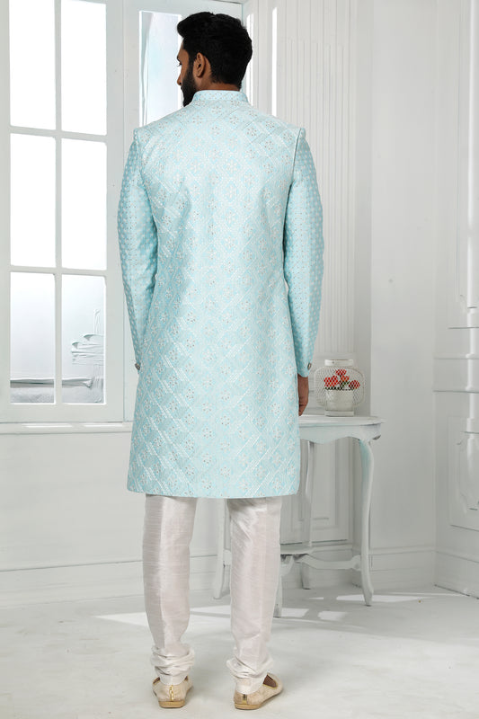 Light Blue Silk Kurta Pajama With Jacket-SAR11436_2_SareeButa.com