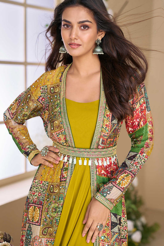 Lime Green Readymade Georgette Silk Gown with Jacket-SS671_2_SareeButa.com