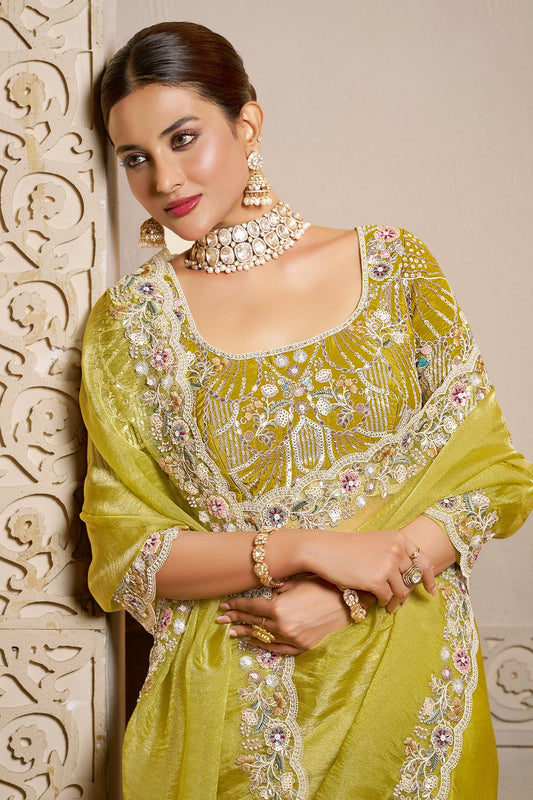 Lime Green Embroidered Organza Satin Saree-SAR10876_2_SareeButa.com