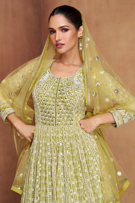Lime Green Readymade Georgette Gown With Dupatta-SAR11093_2_SareeButa.com
