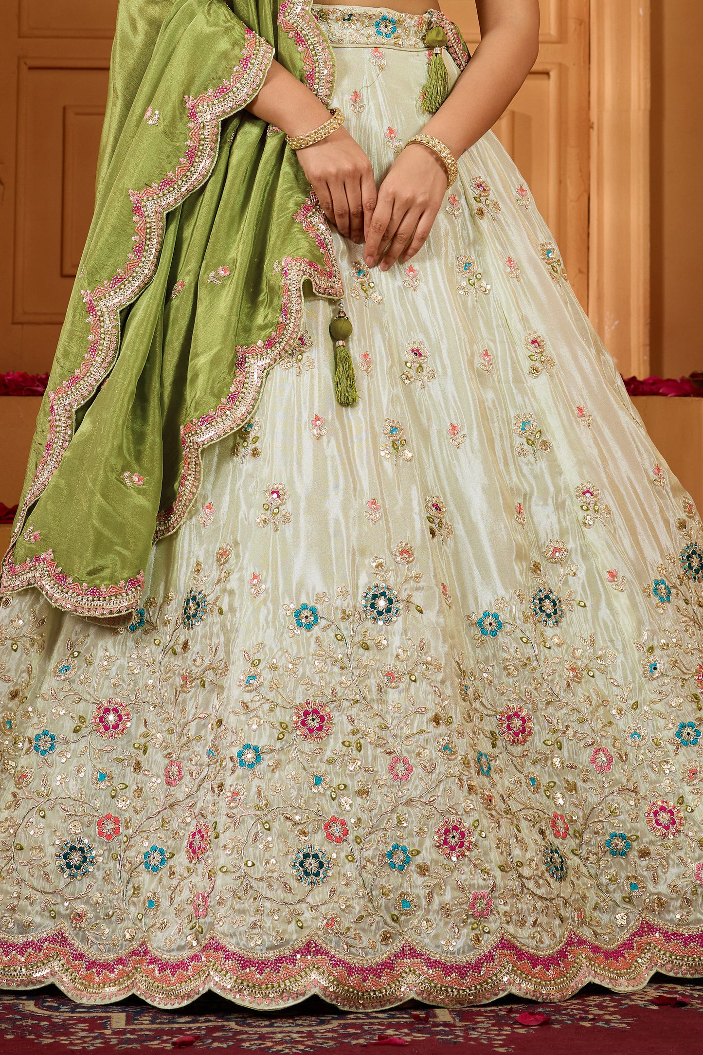 Lime Green Semi-Stitched Embroidered Tissue Lehenga