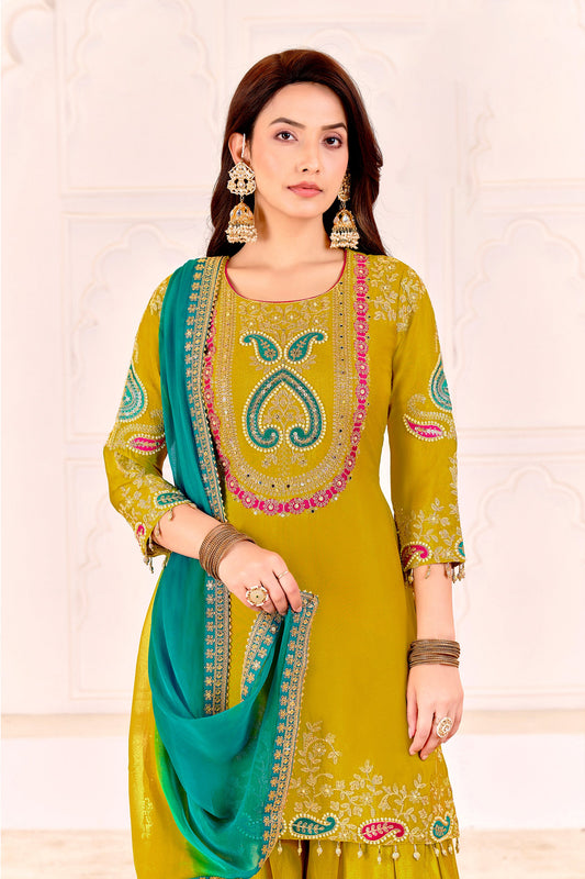 Lime Yellow Readymade Embroidered Chinon Suit-SAR11103_2_SareeButa.com