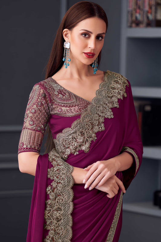 Magenta Embroidered Chiffon Saree-ZB133654_2_SareeButa.com