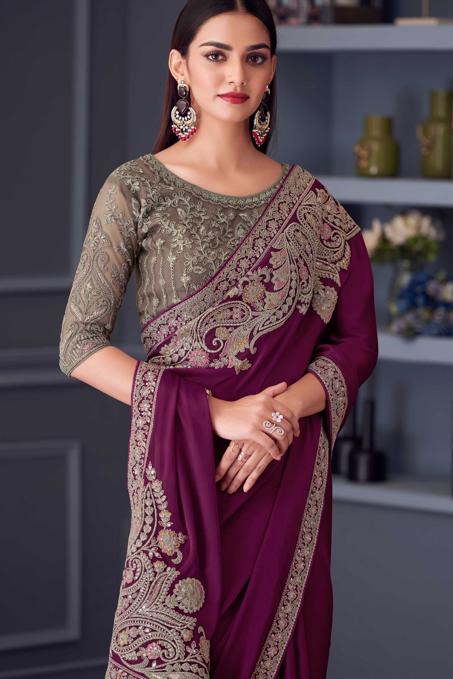 Magenta Embroidered Satin Silk Saree-ZB133647_2_SareeButa.com