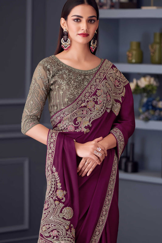 Magenta Embroidered Satin Silk Saree-ZB133647_2_SareeButa.com