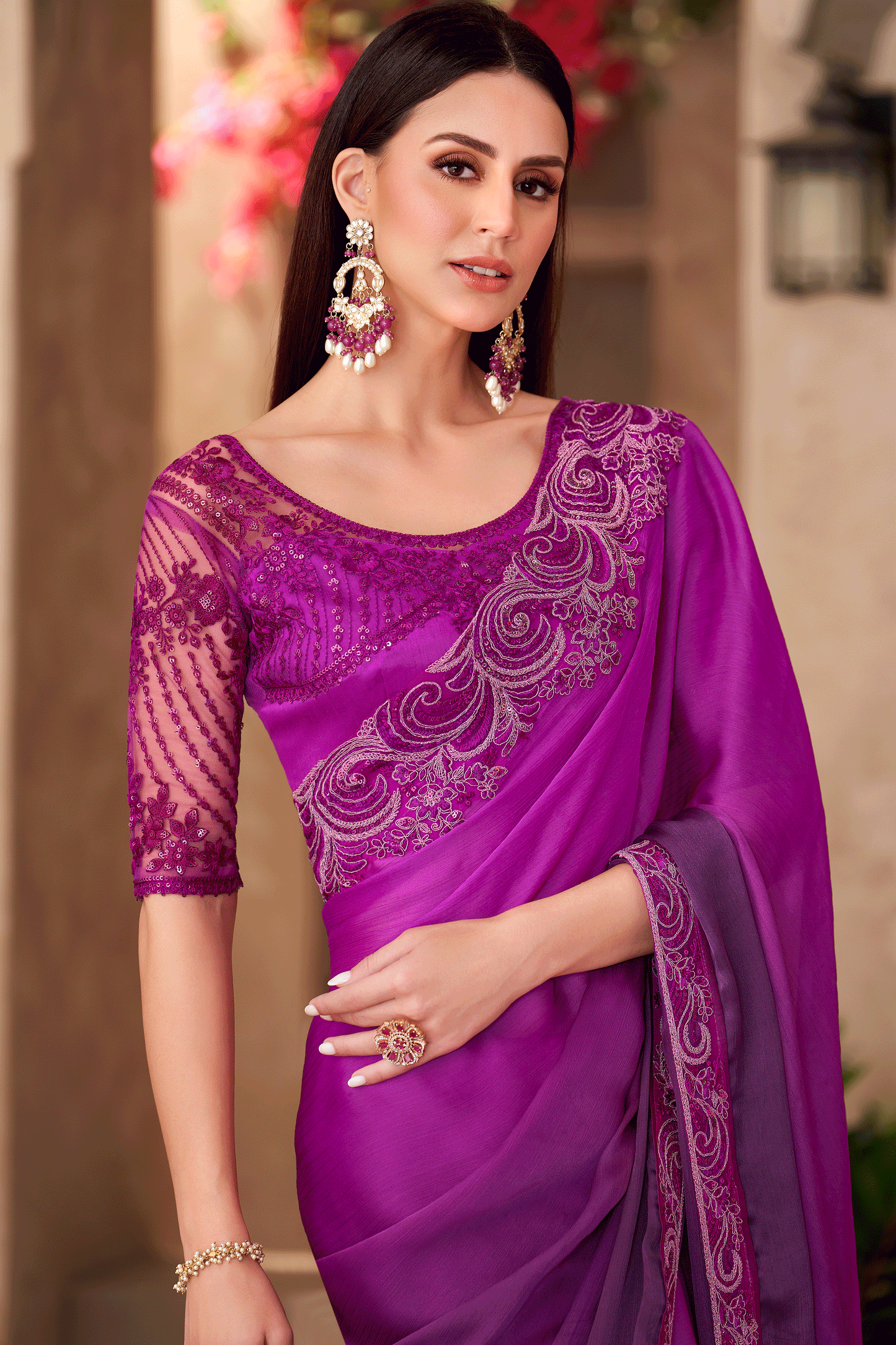Magenta Embroidered Shaded Chiffon Saree-ZB134912_2_SareeButa.com