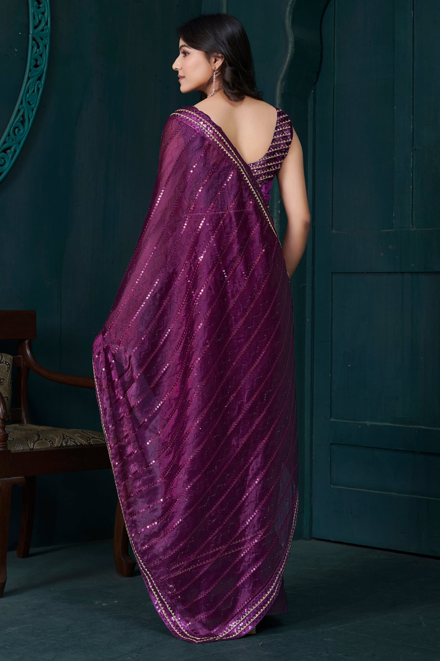 Wine Organza Silk Stone Work Saree-ZB134459_4_SareeButa.com
