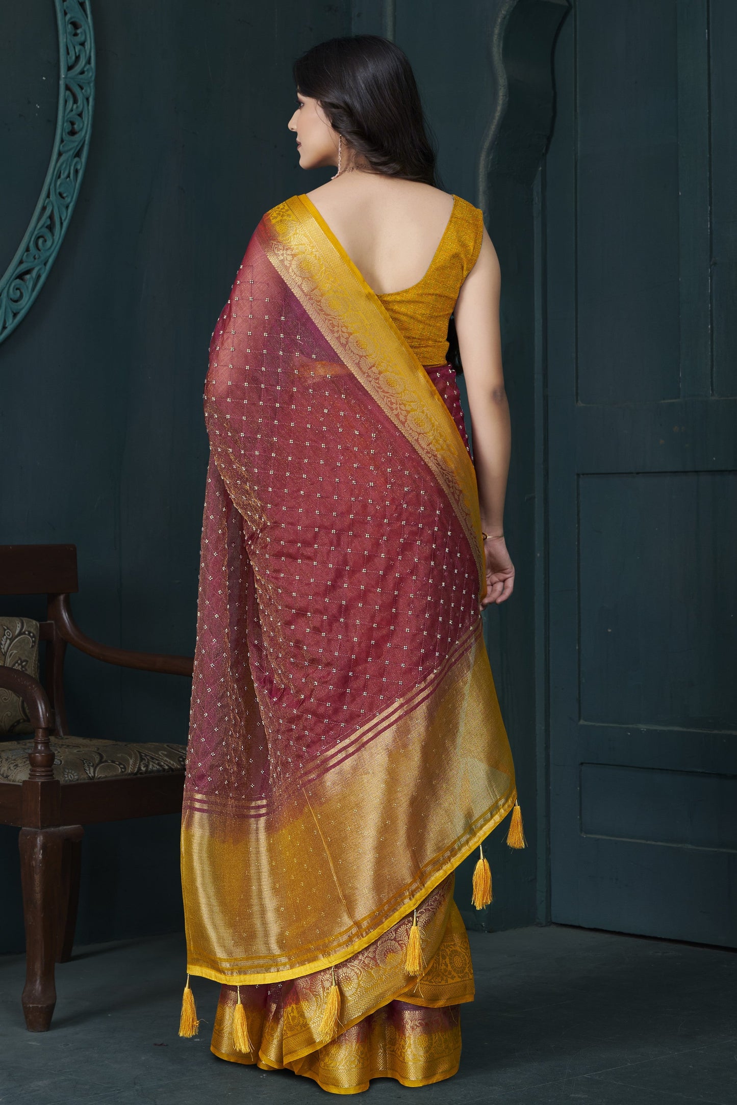 Maroon Bead Work Jacquard Saree-ZB134215_4_SareeButa.com