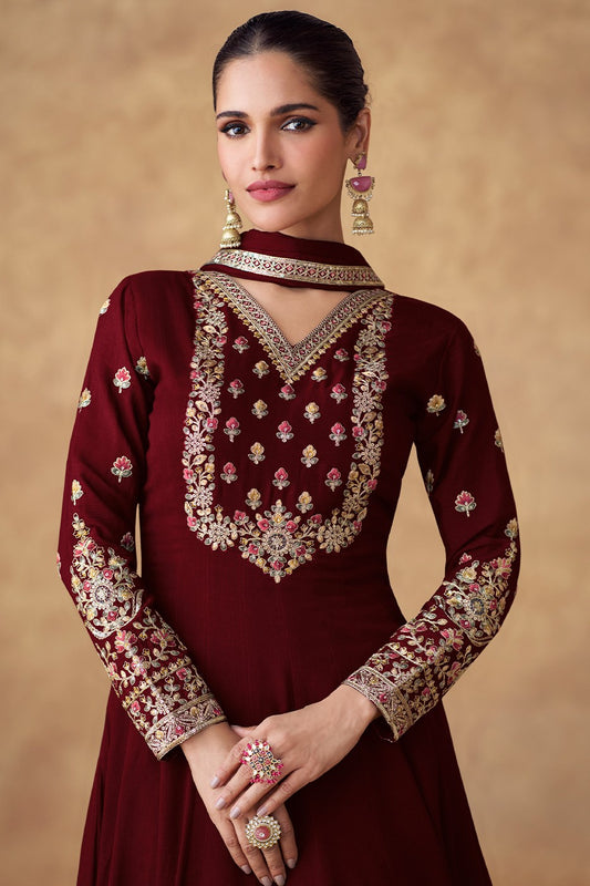 Maroon Chinon Silk Gown with Dupatta-SS456_2_SareeButa.com