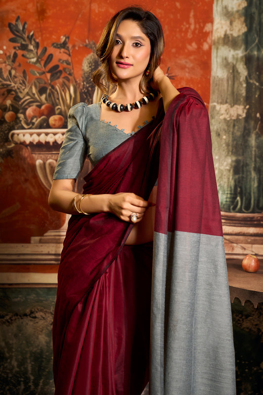 Maroon Cotton Saree with Color Block Pallu-SAR12719_2_SareeButa.com
