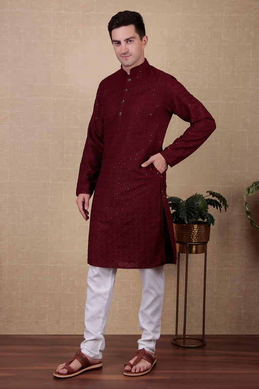 Maroon Embroidered Cotton Kurta Pajama-MW45_2_SareeButa.com