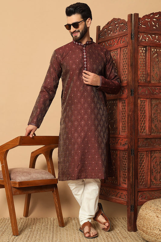 Maroon Embroidered Jacquard Kurta Pajama-MW1_2_SareeButa.com