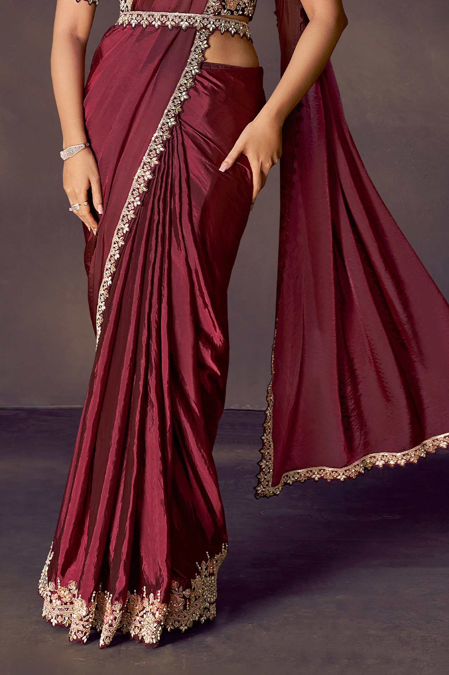 Maroon Embroidered Silk Readymade Saree with Stitched Blouse-SAR10859_4_SareeButa.com