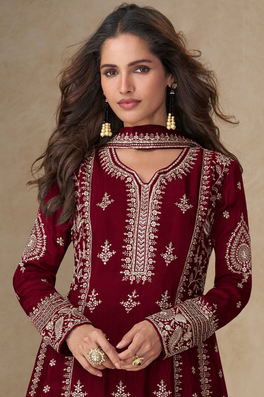 Maroon Readymade Embroidered Chinon A-line Suit-SS753_2_SareeButa.com