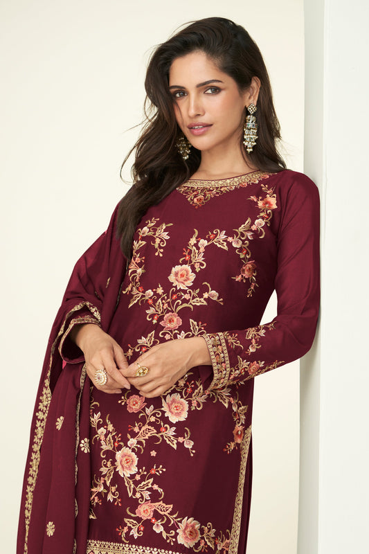 Maroon Readymade Embroidered Chinon Silk Suit-SAR10527_2_SareeButa.com