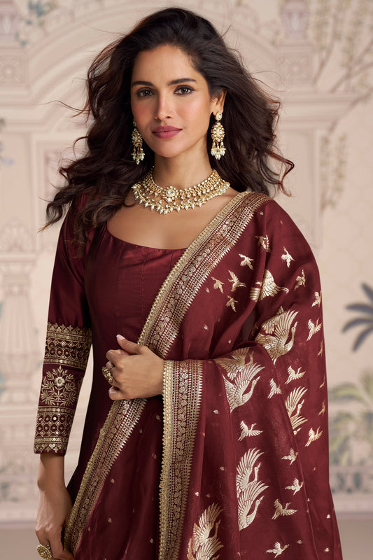 Maroon Readymade Embroidered Silk Gown With Dupatta-SAR11088_2_SareeButa.com