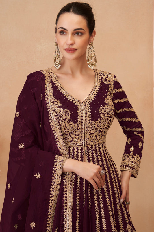 Wine Readymade Heavy Work Chinon Skirt Suit-SS617_2_SareeButa.com