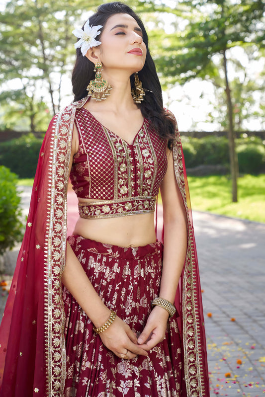 Maroon Semi-Stitched Embroidered Jacquard Silk Lehenga-LC211_2_SareeButa.com