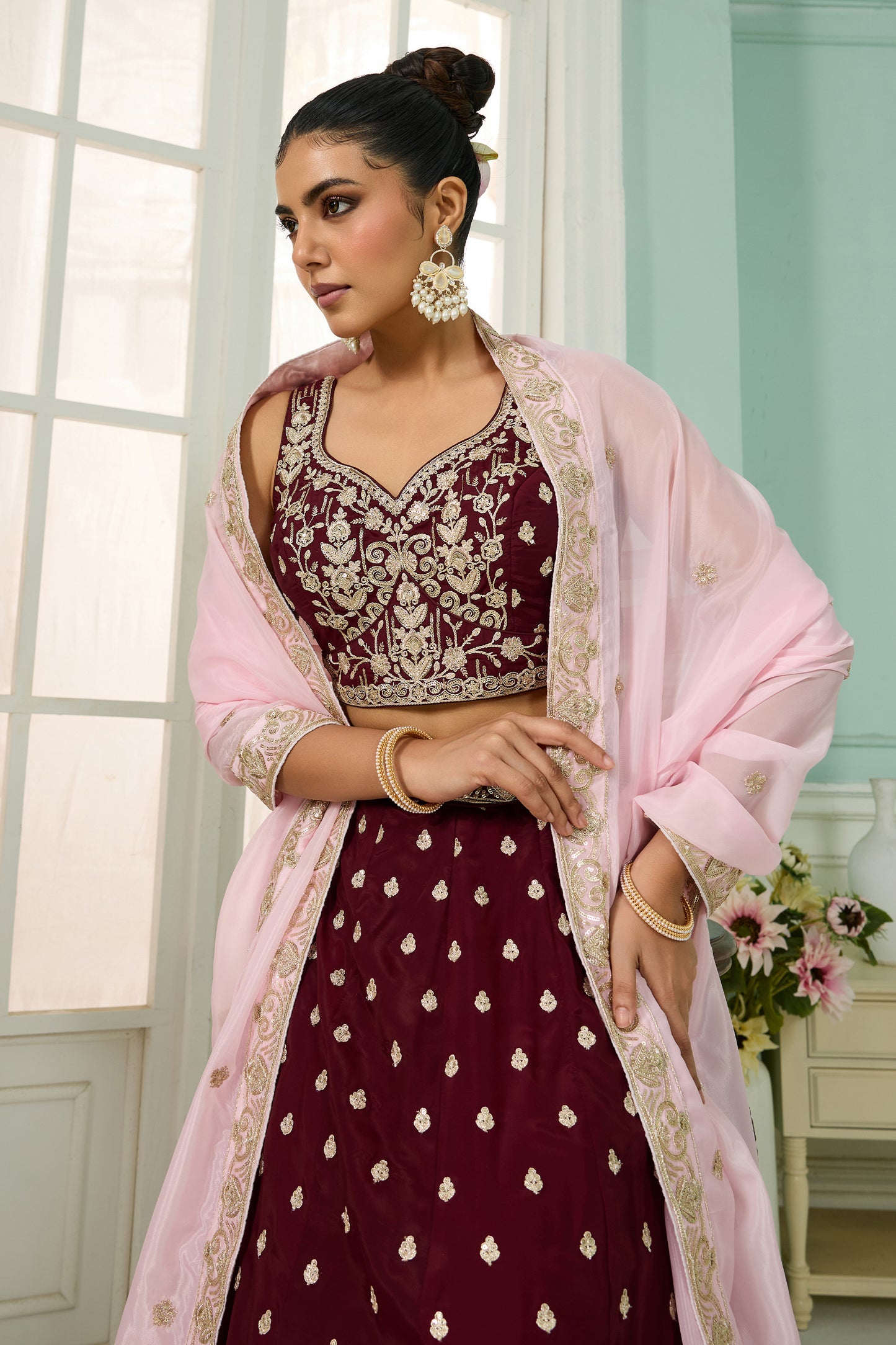 Maroon Semi-Stitched Embroidered Organza Lehenga