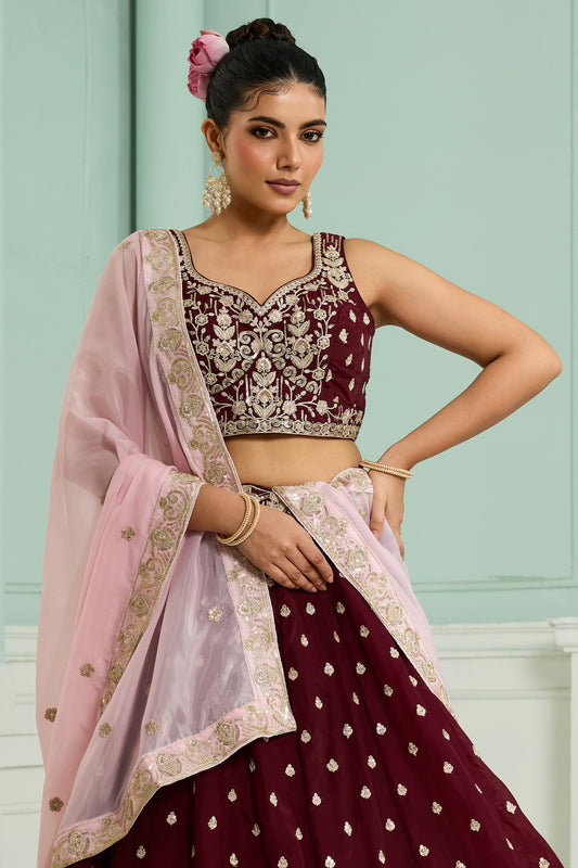 Maroon Semi-Stitched Embroidered Organza Lehenga