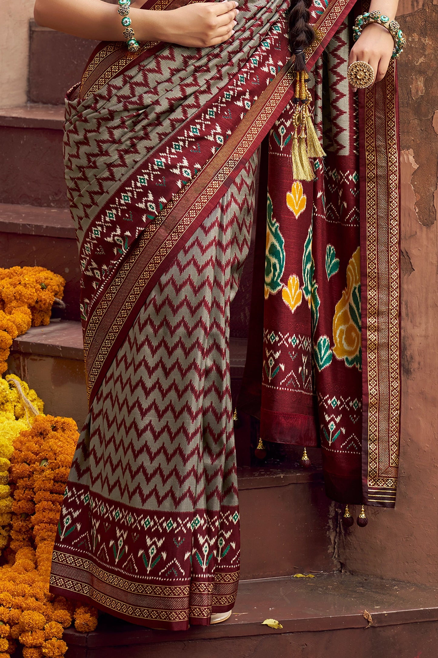 Maroon and Grey Printed Patola Silk Saree-SAR10387_4_SareeButa.com