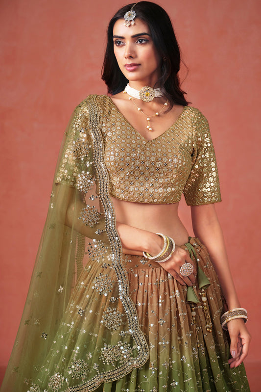 Mehendi Green Semi-Stitched Embroidered Jacquard Silk Lehenga-LC225_2_SareeButa.com