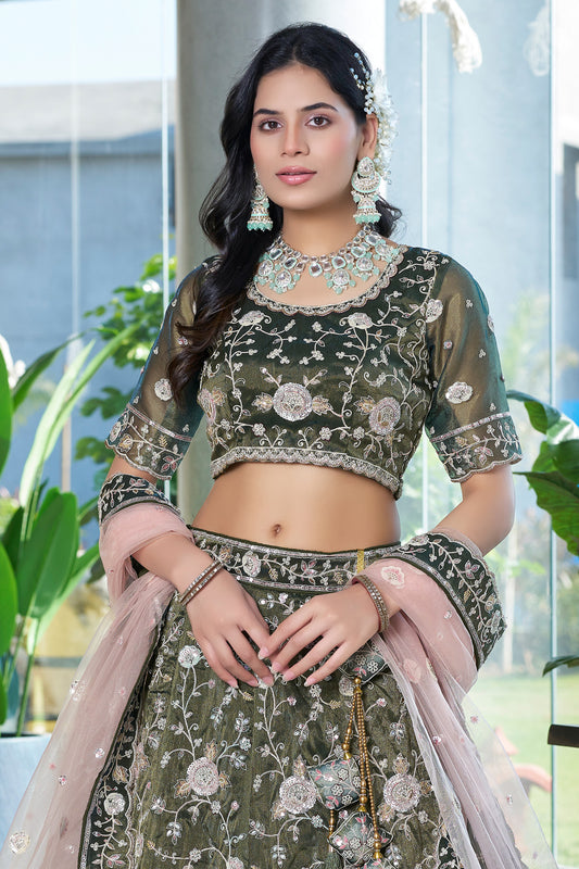 Mehendi Green Semi-Stitched Embroidered Silk Lehenga