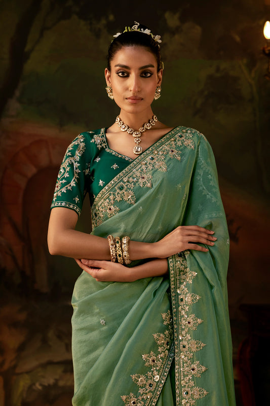 Mint Green Embroidered Viscose Tissue Saree-SAR13247_2_SareeButa.com
