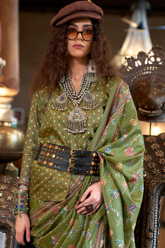 Moss Green Printed Silk Saree-SAR11300_2_SareeButa.com