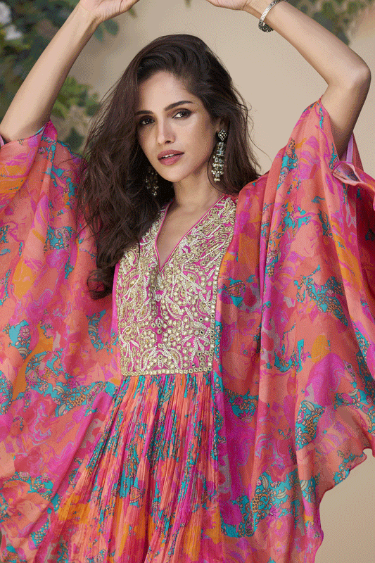 Multi Pink Readymade Chinon Silk Poncho Set-SS775_2_SareeButa.com
