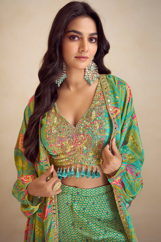 Multi Green Readymade Chinon Palazzo Set with Long Shrug-SS778_2_SareeButa.com