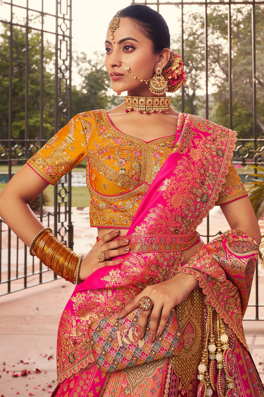 Multi Orange Semi Stitched Heavy Work Banarasi Silk Lehenga-LC193_2_SareeButa.com