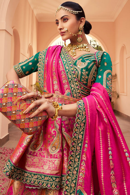 Multi Pink Semi Stitched Heavy Work Banarasi Silk Lehenga-LC191_2_SareeButa.com