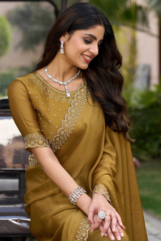 Mustard Stone Work Chiffon Saree-ZB134592_2_SareeButa.com