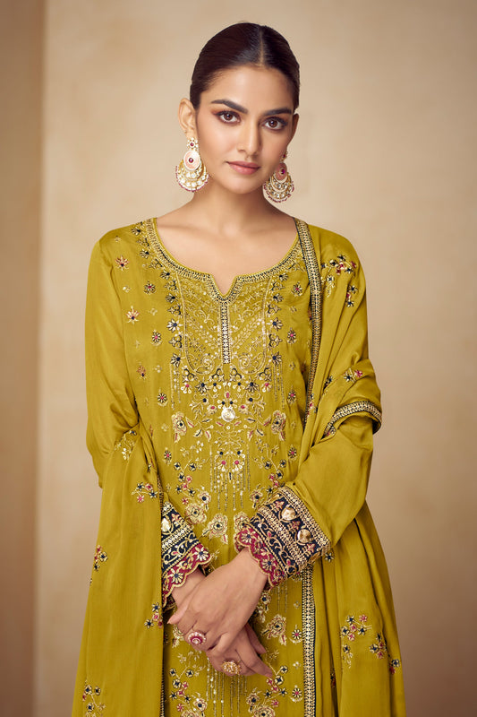 Mustard Readymade Embroidered Chinon Suit-SAR10491_2_SareeButa.com