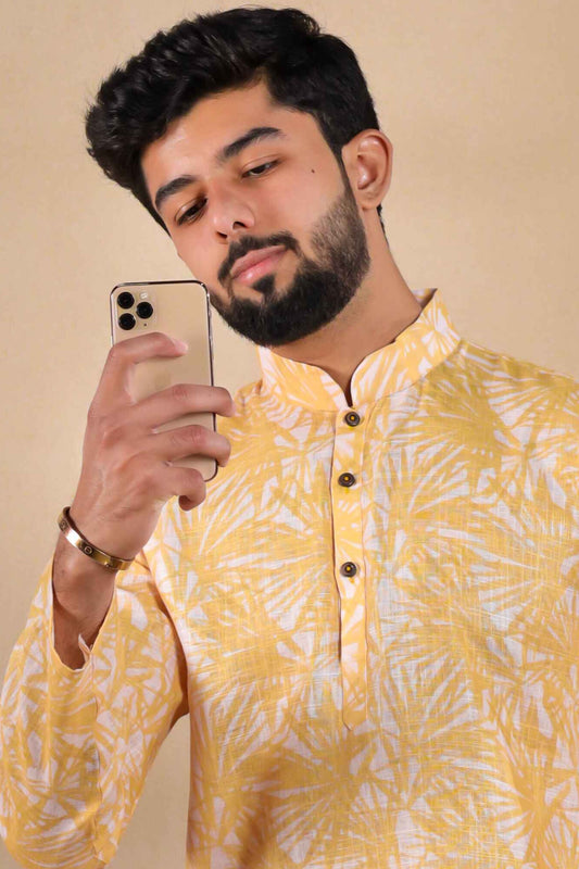 Mustard Yellow Printed Linen Kurta Pajama-MW77_2_SareeButa.com