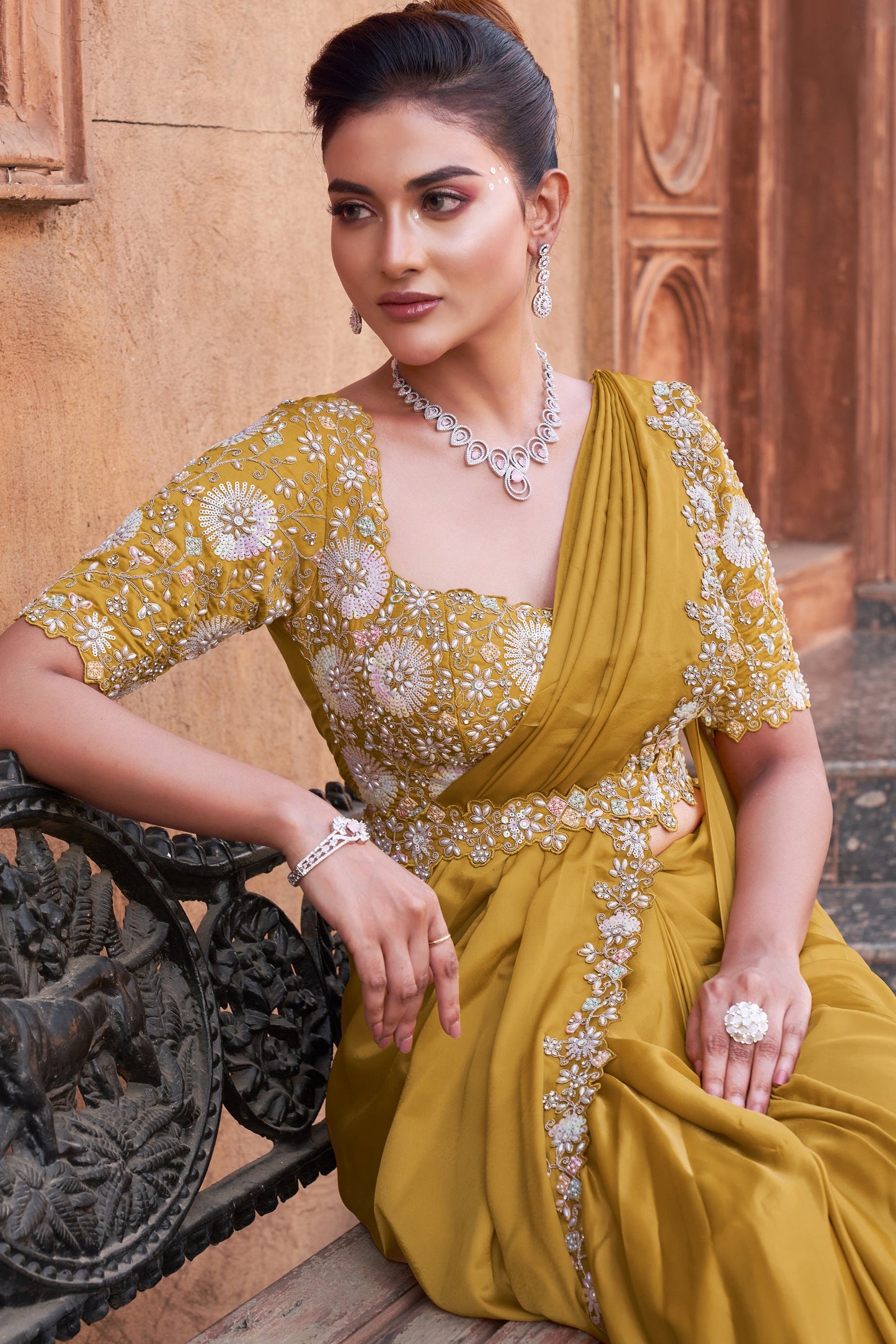 Mustard Yellow Satin Silk Readymade Saree with Stitched Blouse-ZB134301_2_SareeButa.com