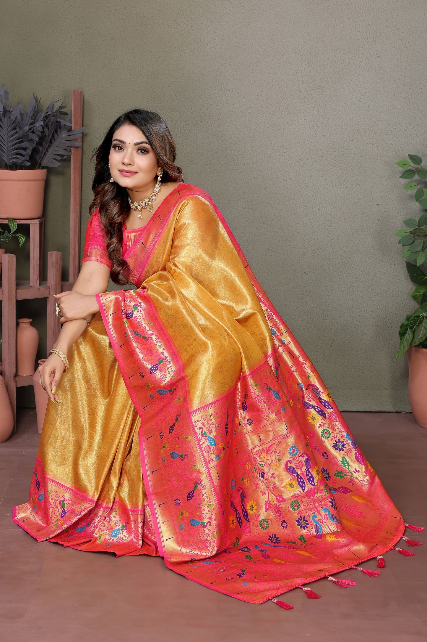 Mustard Yellow Woven Tissue Silk Paithani Saree-ZB134815_4_SareeButa.com