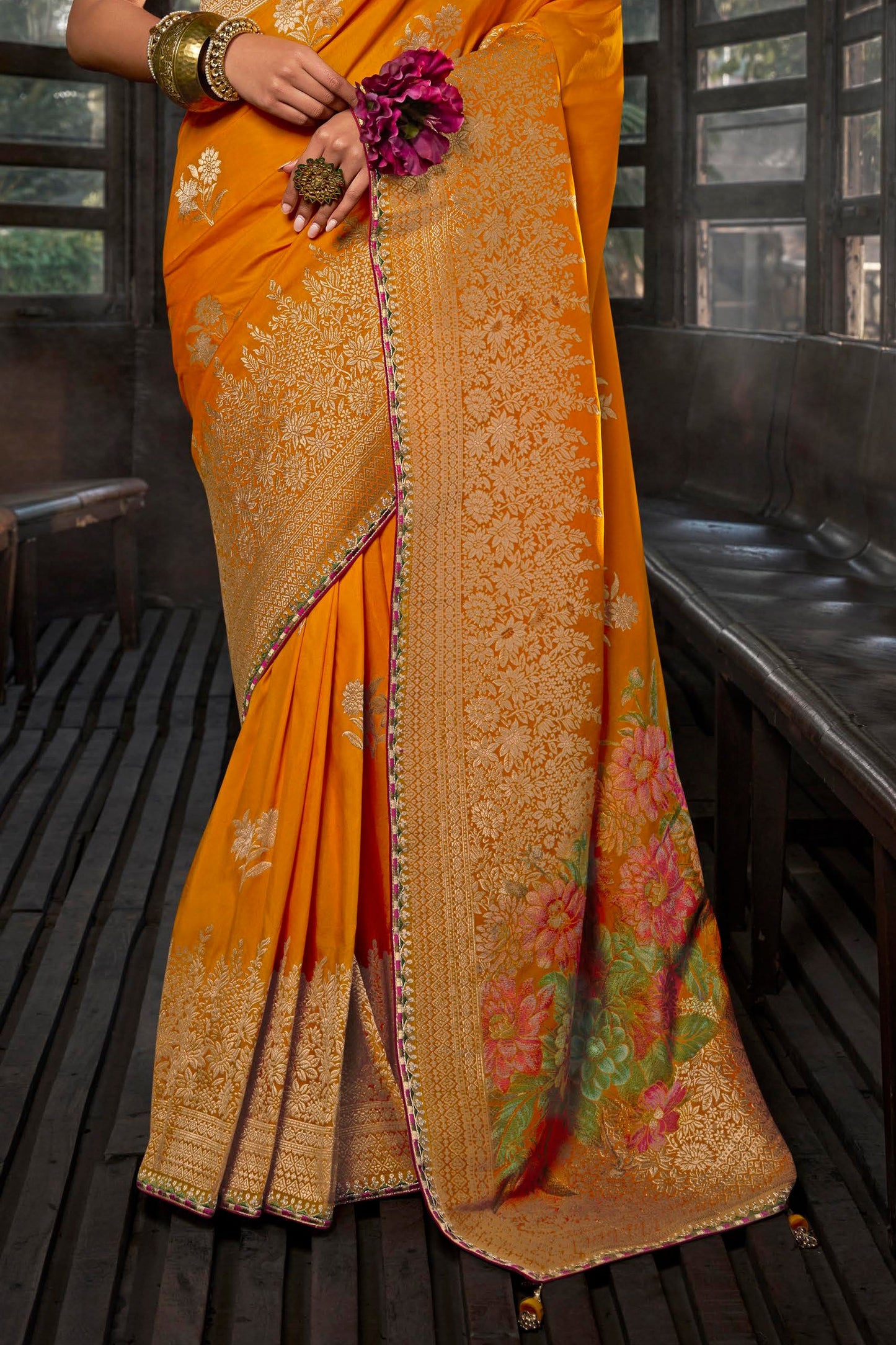 Mustard Yellow Woven Viscose Silk Saree With Lace Border-ZB134662_4_SareeButa.com