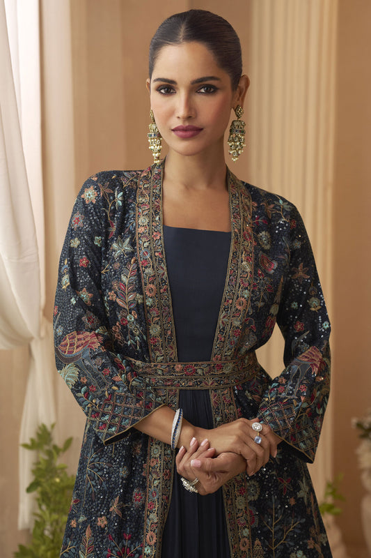 Navy Blue Readymade Chinon Silk Gown with Jacket-SS872_2_SareeButa.com