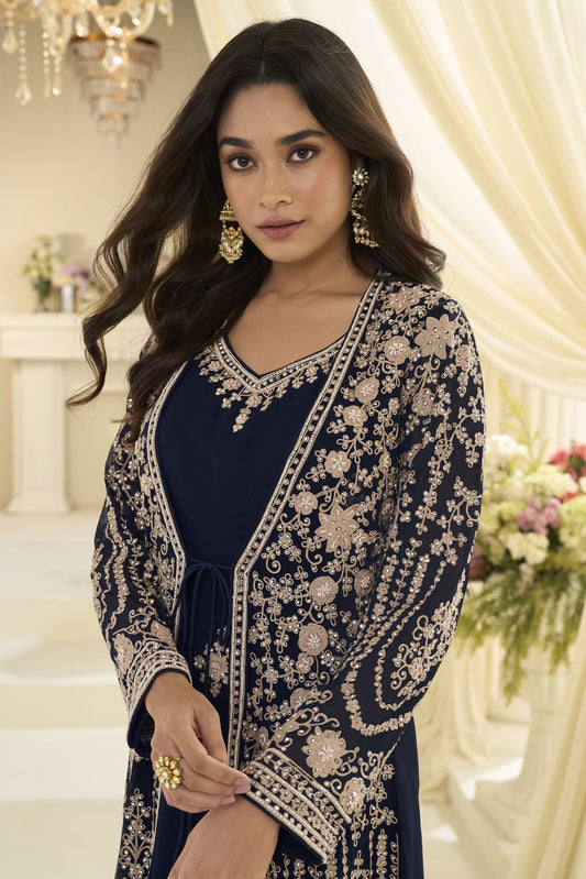 Navy Blue Readymade Chinon Silk Palazzo Set with Jacket-SS1017_2_SareeButa.com