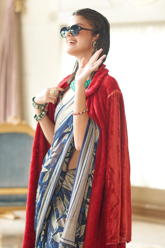 Navy Blue Printed Georgette Saree-SAR11284_2_SareeButa.com