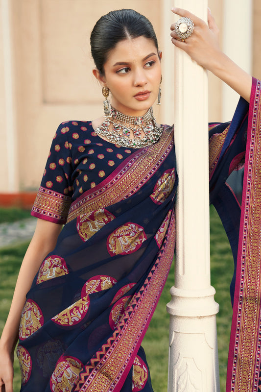 Navy Blue Printed Georgette Silk Saree-SAR10117_2_SareeButa.com
