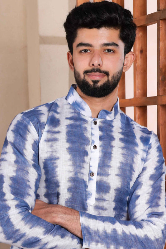 Navy Blue Printed Linen Kurta Pajama-MW70_2_SareeButa.com