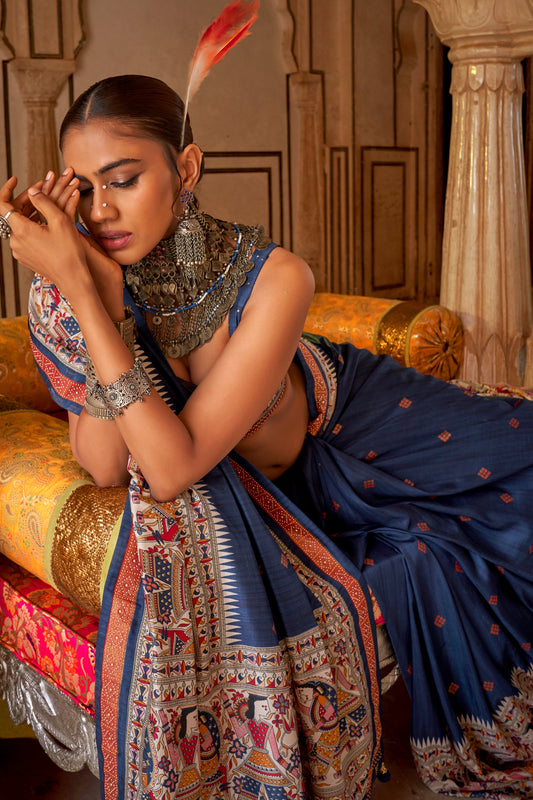 Navy Blue Printed Viscose Silk Saree-SAR10085_2_SareeButa.com
