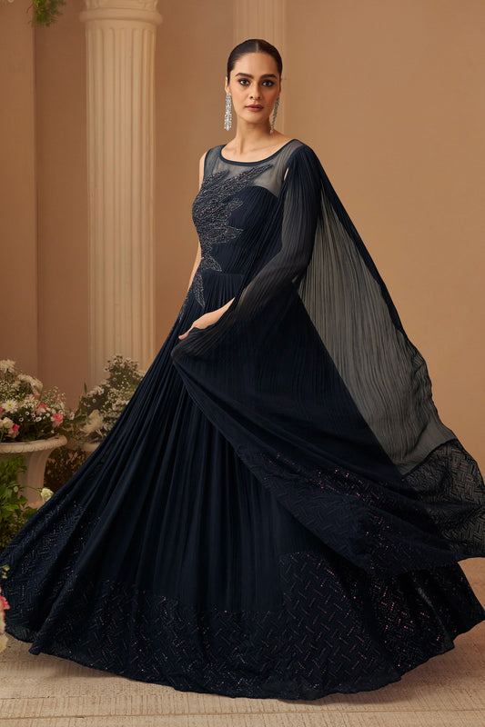 Navy Blue Readymade Chinon Silk Gown-SAR10952_2_SareeButa.com