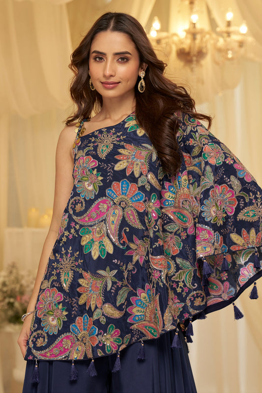 Navy Blue Readymade One Shoulder Palazzo Set-SAR12062_2_SareeButa.com