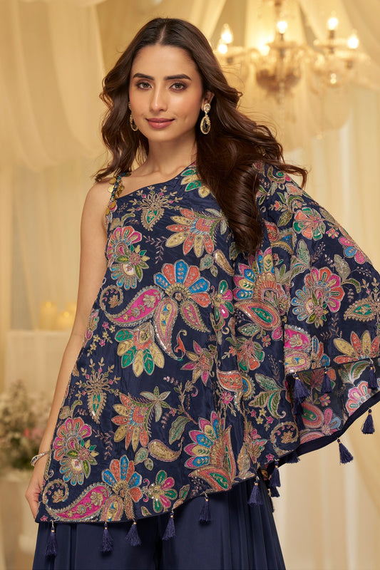 Navy Blue Readymade One Shoulder Palazzo Set-SAR12062_2_SareeButa.com